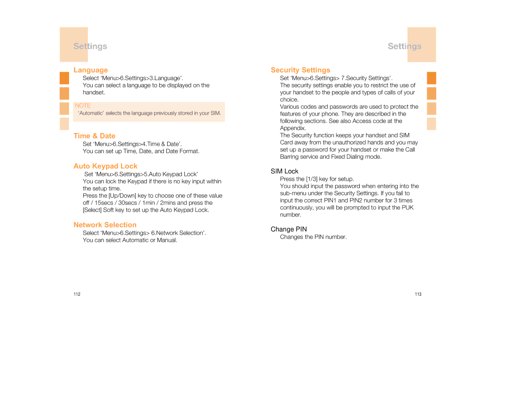 Pantech GB300 manual Language, Time & Date, Auto Keypad Lock, Network Selection, Security Settings 