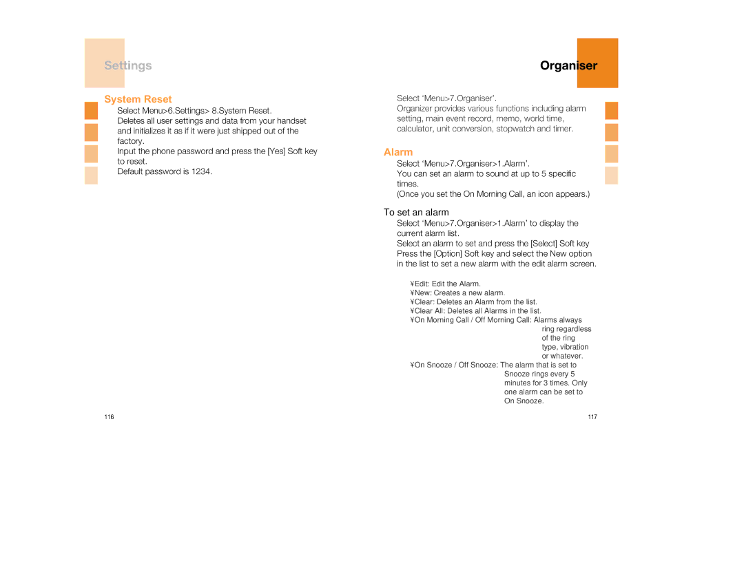Pantech GB300 manual Organiser, System Reset, Alarm, To set an alarm 