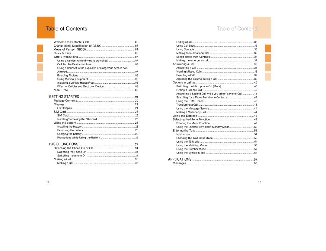 Pantech GB300 manual Table of Contents 