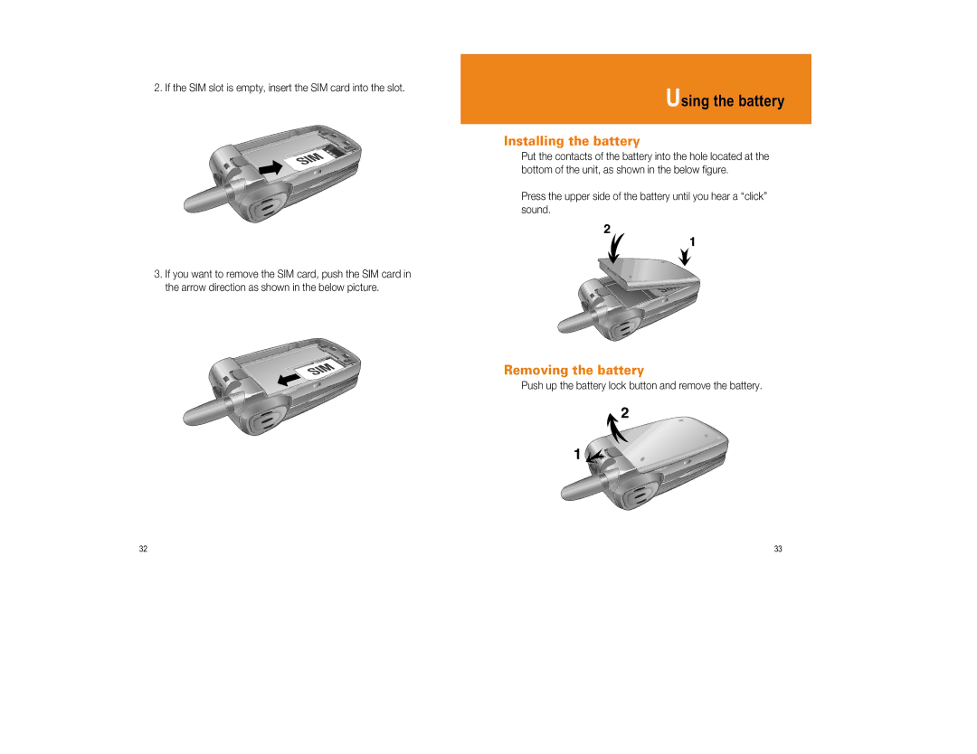 Pantech GF200 manual Using the battery, Installing the battery, Removing the battery 