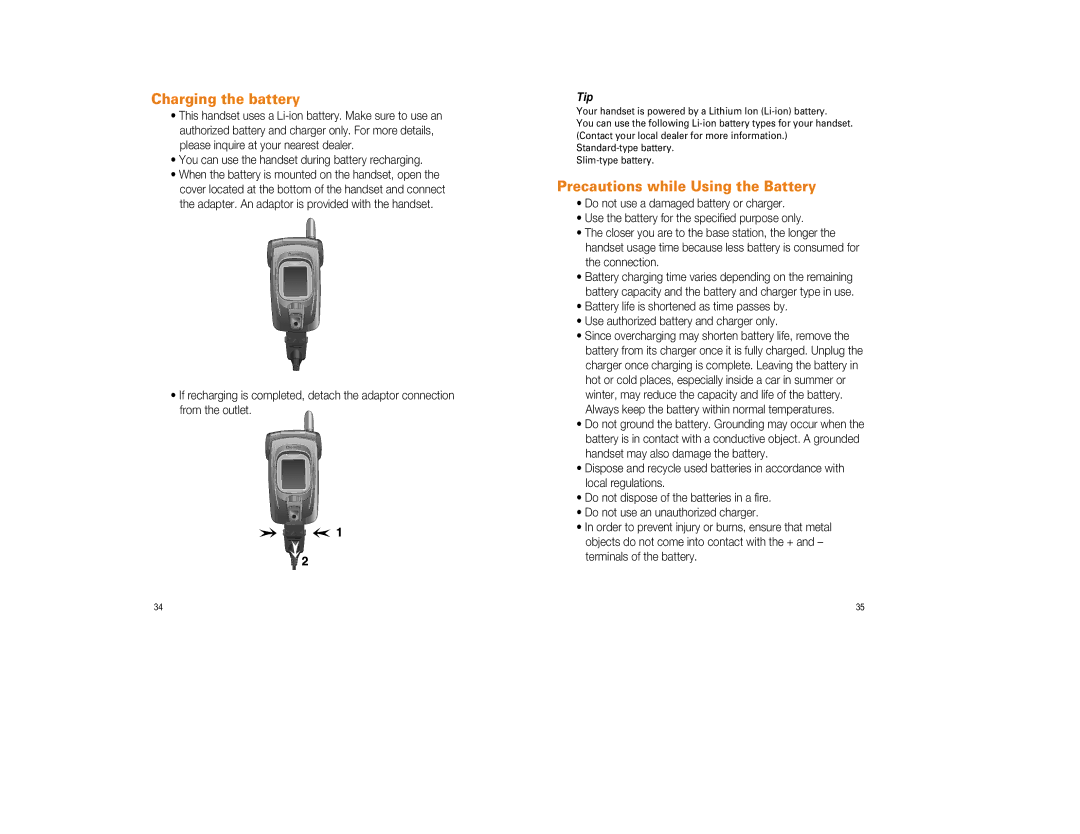 Pantech GF200 manual Charging the battery, Precautions while Using the Battery 