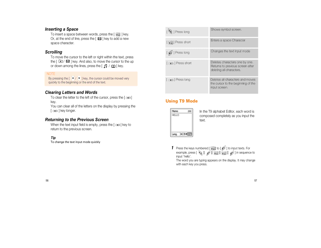 Pantech GF200 Inserting a Space, Scrolling, Clearing Letters and Words, Returning to the Previous Screen, Using T9 Mode 