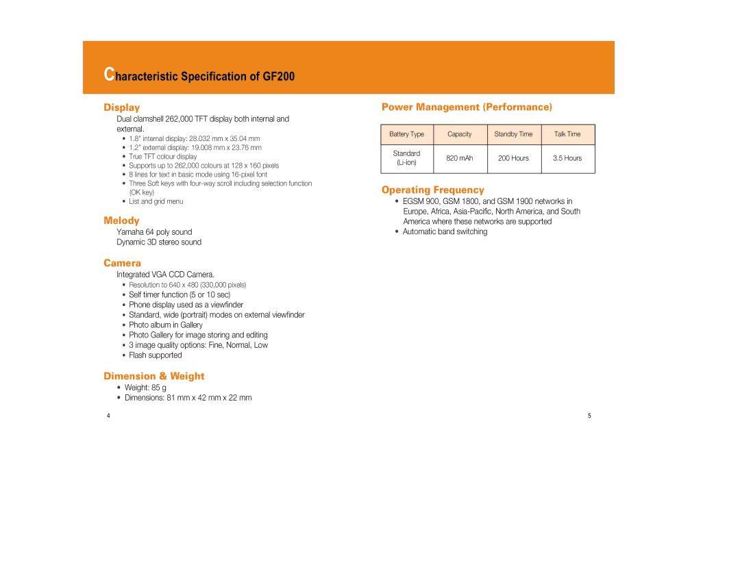 Pantech manual Characteristic Specification of GF200 