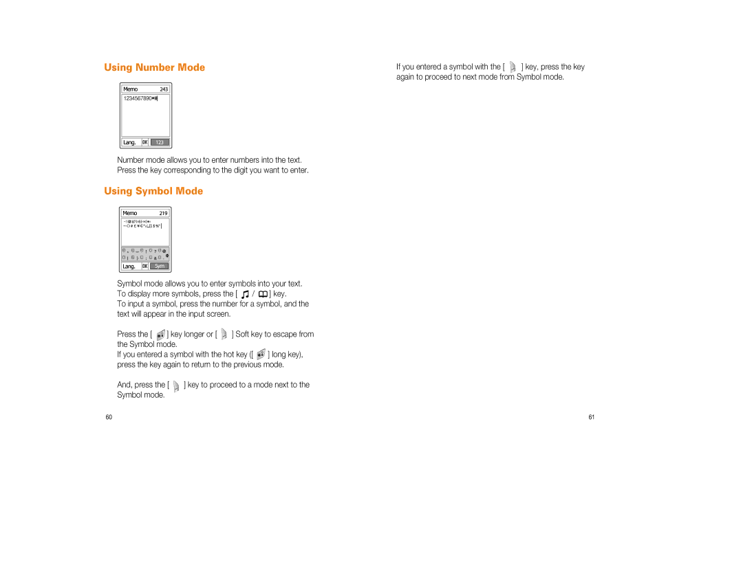 Pantech GF200 manual Using Number Mode, Using Symbol Mode, And, press 