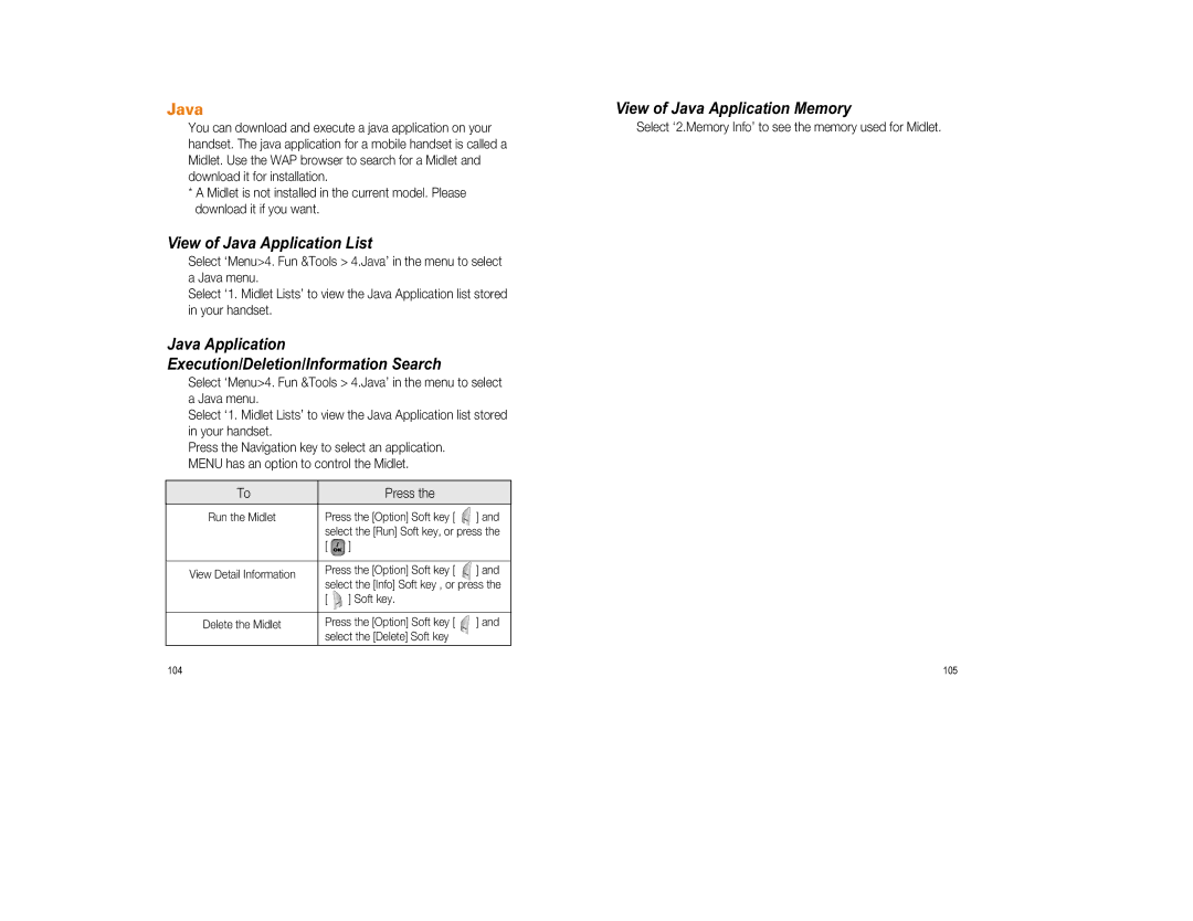 Pantech GF200 manual View of Java Application List, Java Application Execution/Deletion/Information Search 