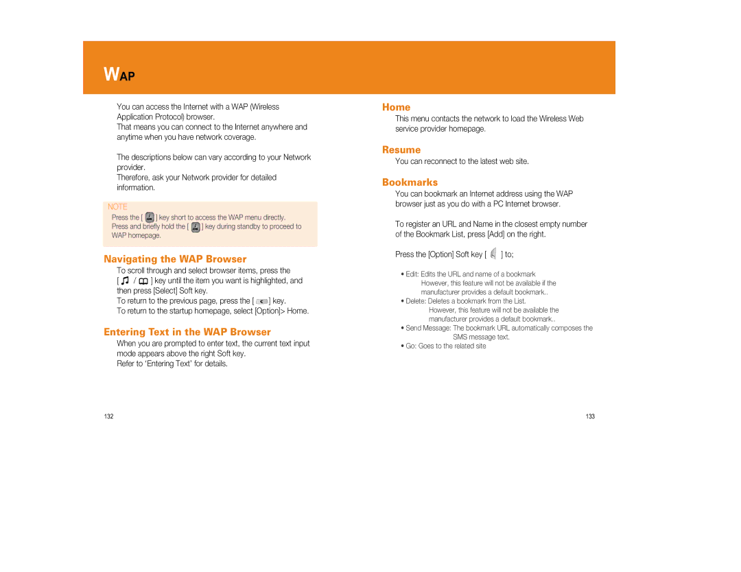 Pantech GF200 manual Navigating the WAP Browser, Entering Text in the WAP Browser, Home, Resume, Bookmarks 