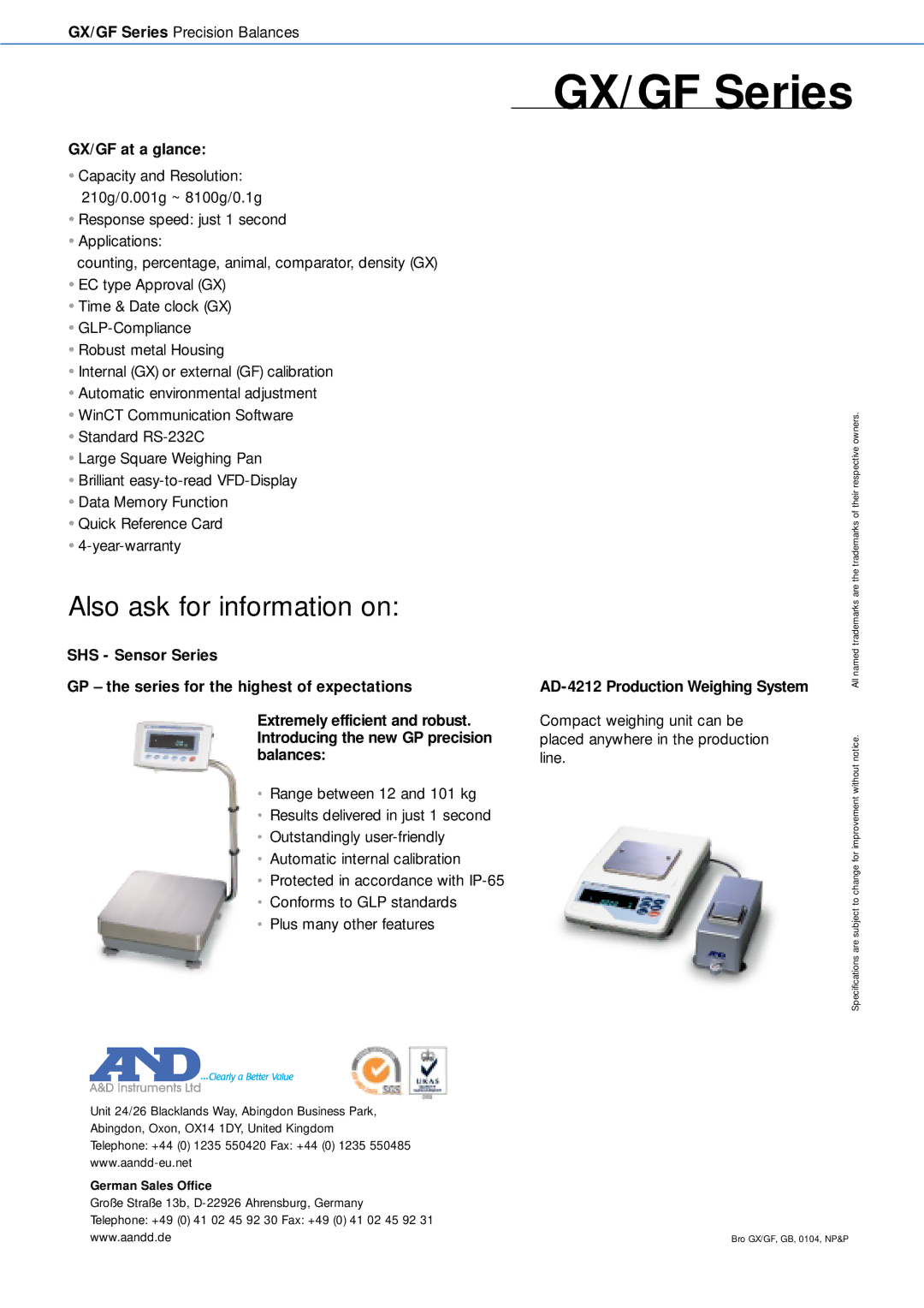 Pantech GX Series, GF Series manual Also ask for information on, GX/GF at a glance, AD-4212 Production Weighing System 