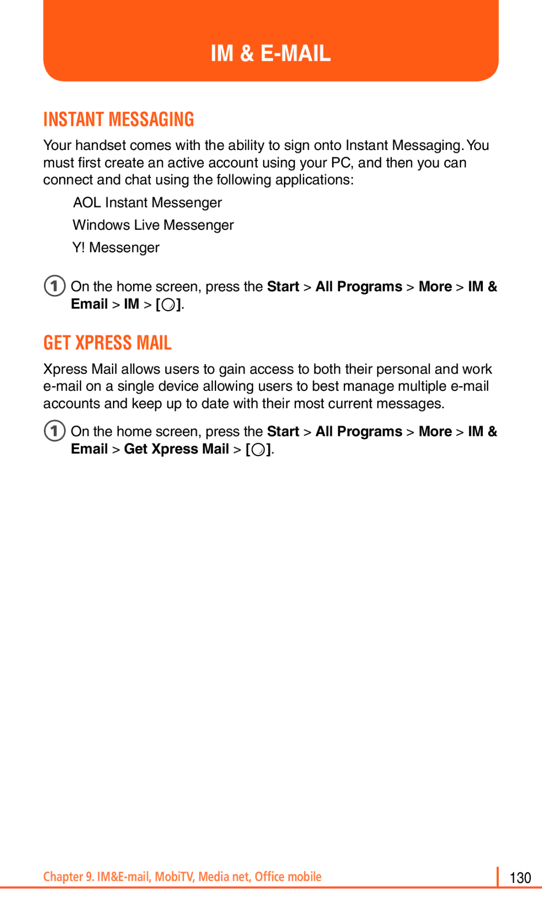 Pantech Matrix Pro manual Im & E-Mail, Instant Messaging, GET Xpress Mail 