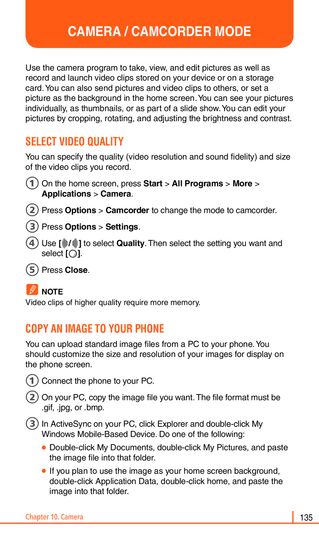 Pantech Matrix Pro manual Camera / Camcorder Mode, Select Video Quality, Copy AN Image to Your Phone 