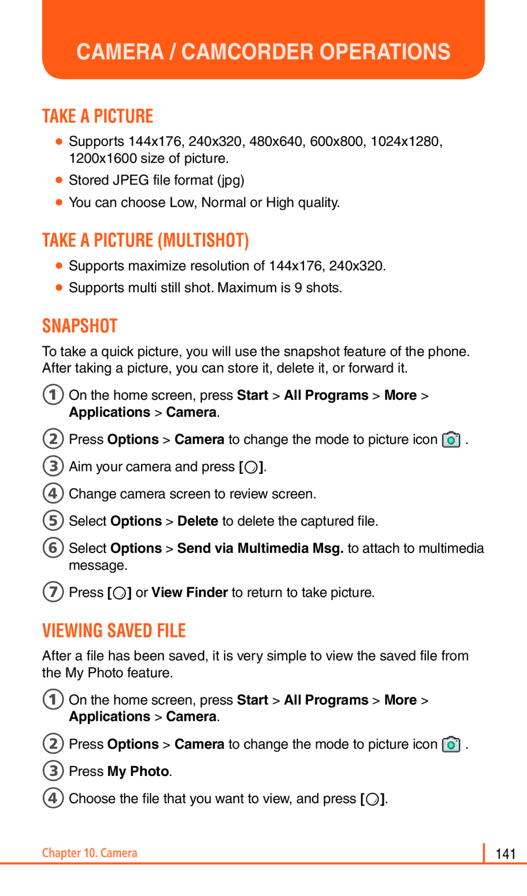 Pantech Matrix Pro manual Camera / Camcorder Operations, Take a Picture Multishot, Snapshot, Viewing Saved File 