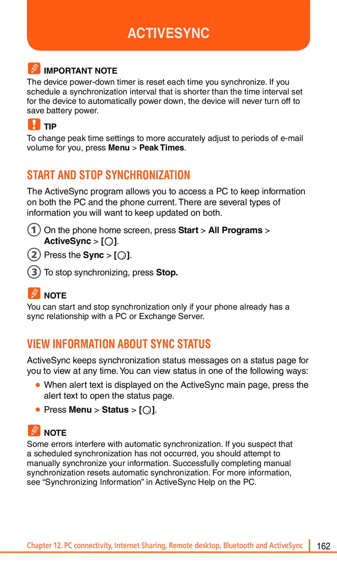 Pantech Matrix Pro manual Start and Stop Synchronization, View Information about Sync Status, Press Menu Status O 