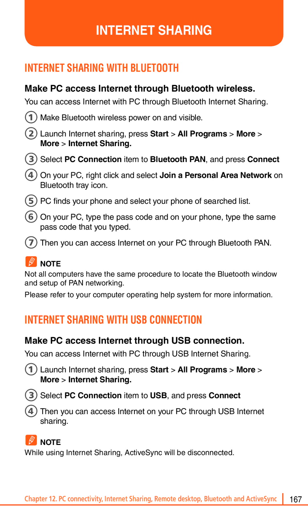 Pantech Matrix Pro manual Internet Sharing with Bluetooth, Internet Sharing with USB Connection 