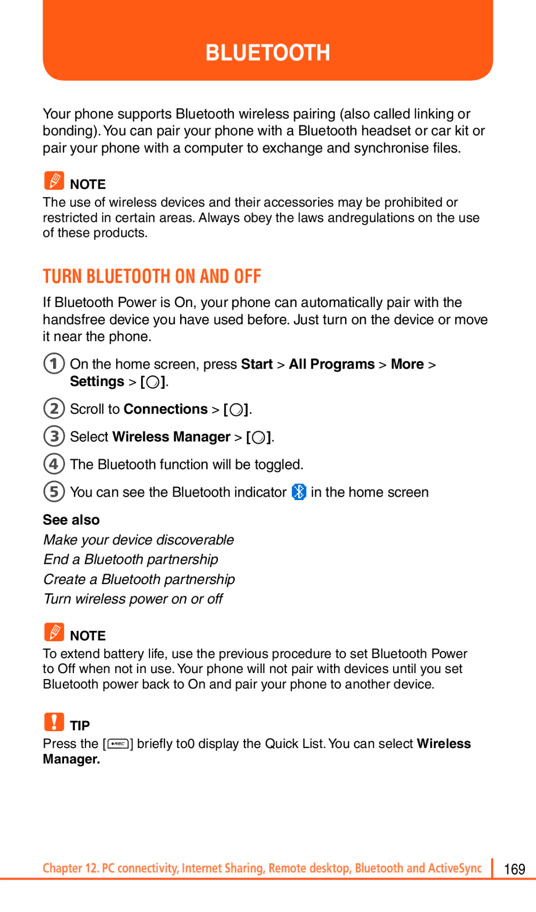 Pantech Matrix Pro manual Turn Bluetooth on and OFF, 2Scroll to Connections O, 3Select Wireless Manager O 