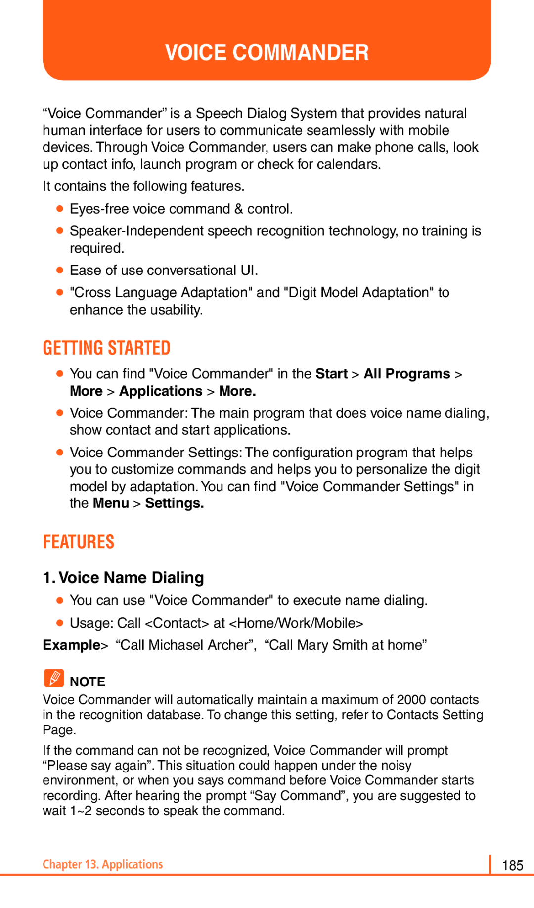 Pantech Matrix Pro manual Voice Commander, Getting Started, Features, Voice Name Dialing 