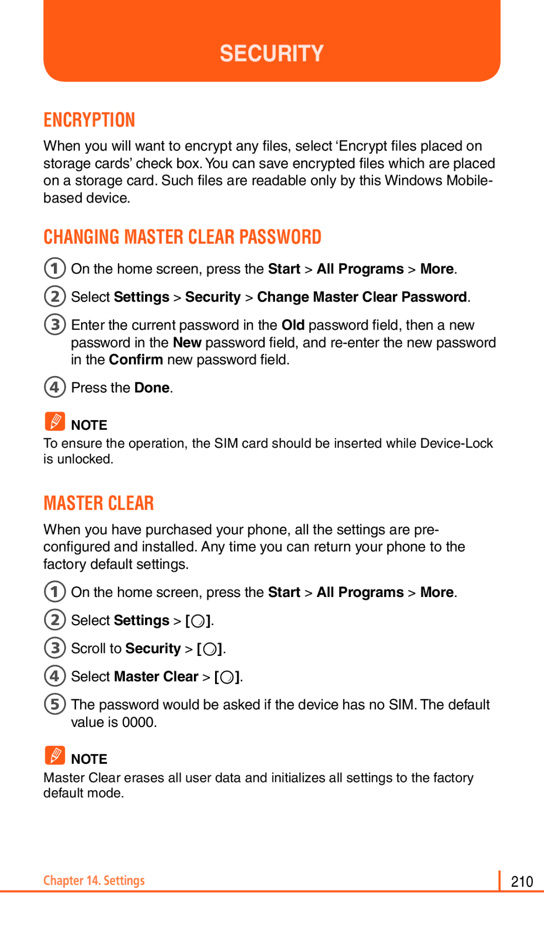 Pantech Matrix Pro Encryption, Changing Master Clear Password, 2Select Settings Security Change Master Clear Password 