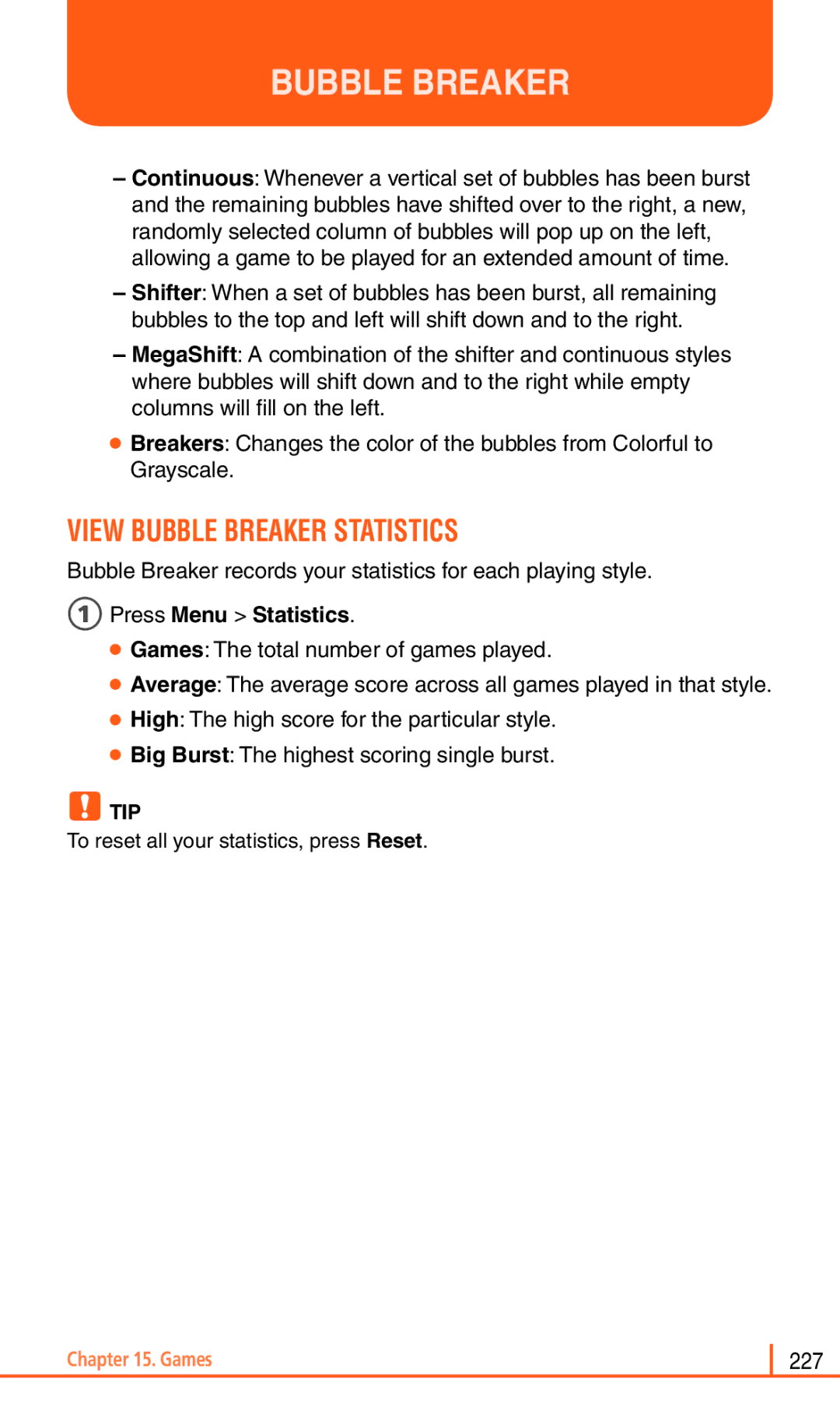 Pantech Matrix Pro manual View Bubble Breaker Statistics, 1Press Menu Statistics 