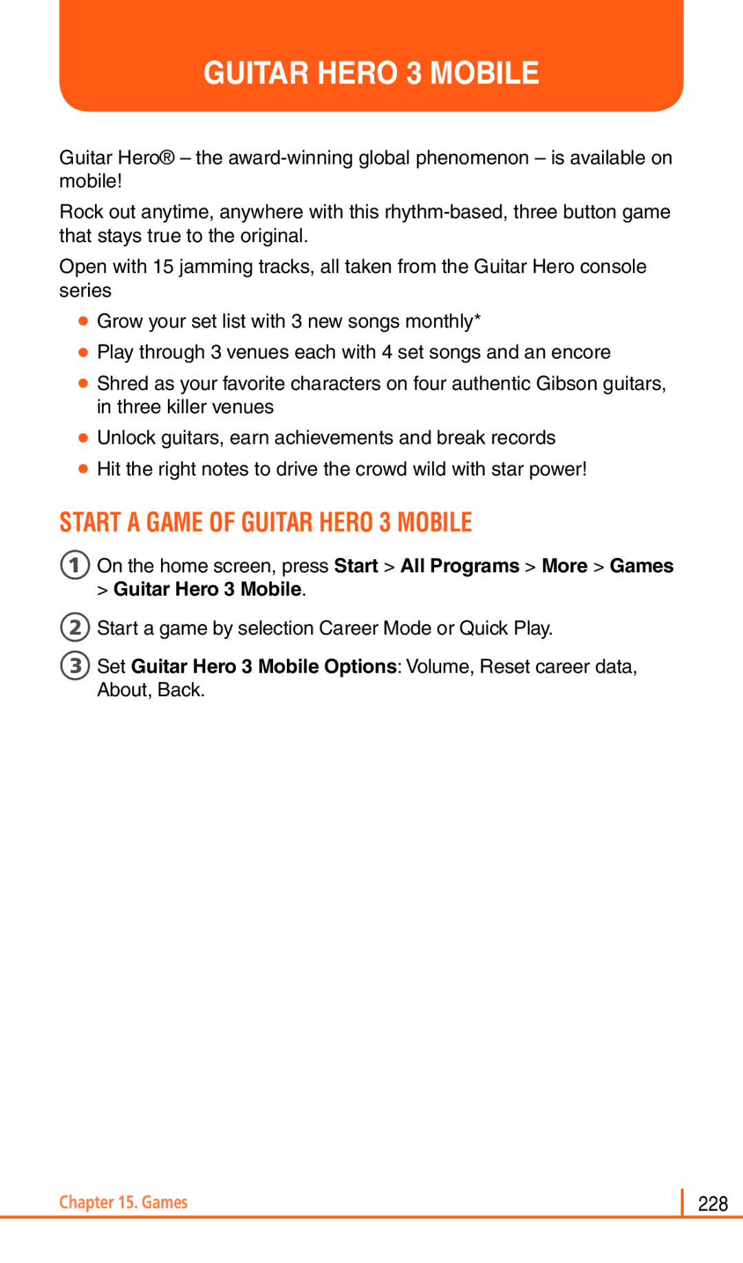 Pantech Matrix Pro manual Start a Game of Guitar Hero 3 Mobile, 2Start a game by selection Career Mode or Quick Play 