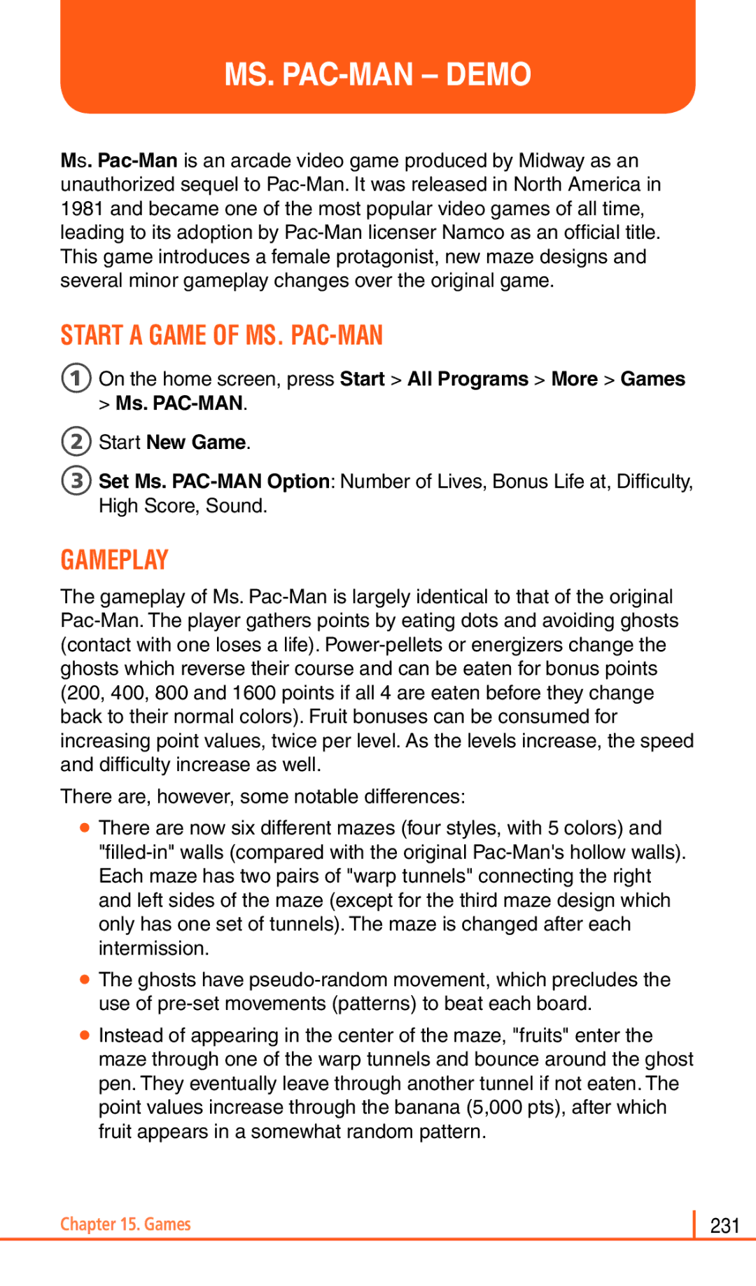 Pantech Matrix Pro manual MS. PAC-MAN Demo, Start a Game of MS. PAC-MAN, Gameplay, Ms. PAC-MAN 2Start New Game 