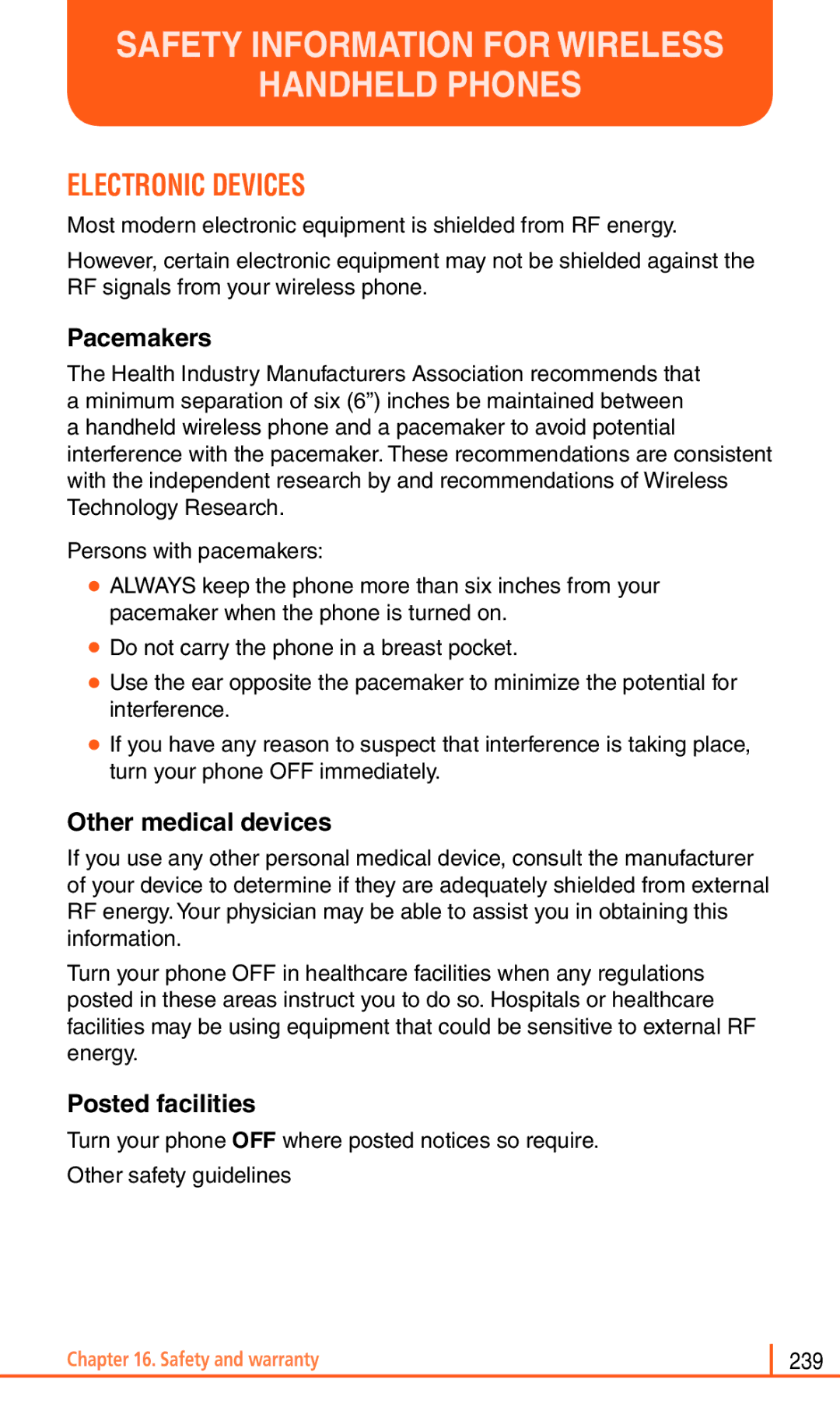 Pantech Matrix Pro manual Electronic Devices, Pacemakers, Other medical devices, Posted facilities 