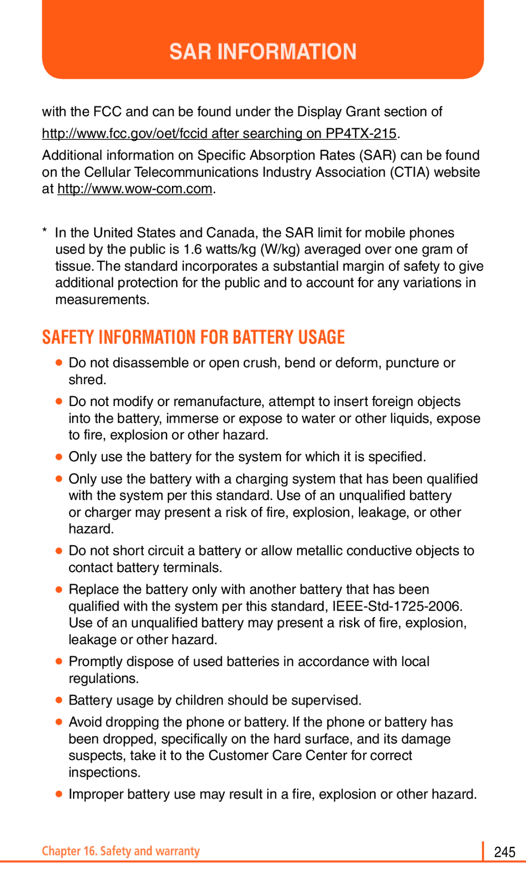 Pantech Matrix Pro manual SAR Information, Safety Information for Battery Usage 