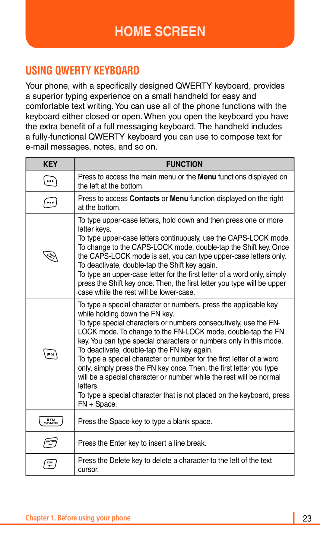 Pantech Matrix Pro manual Using Qwerty Keyboard, KEY Function 