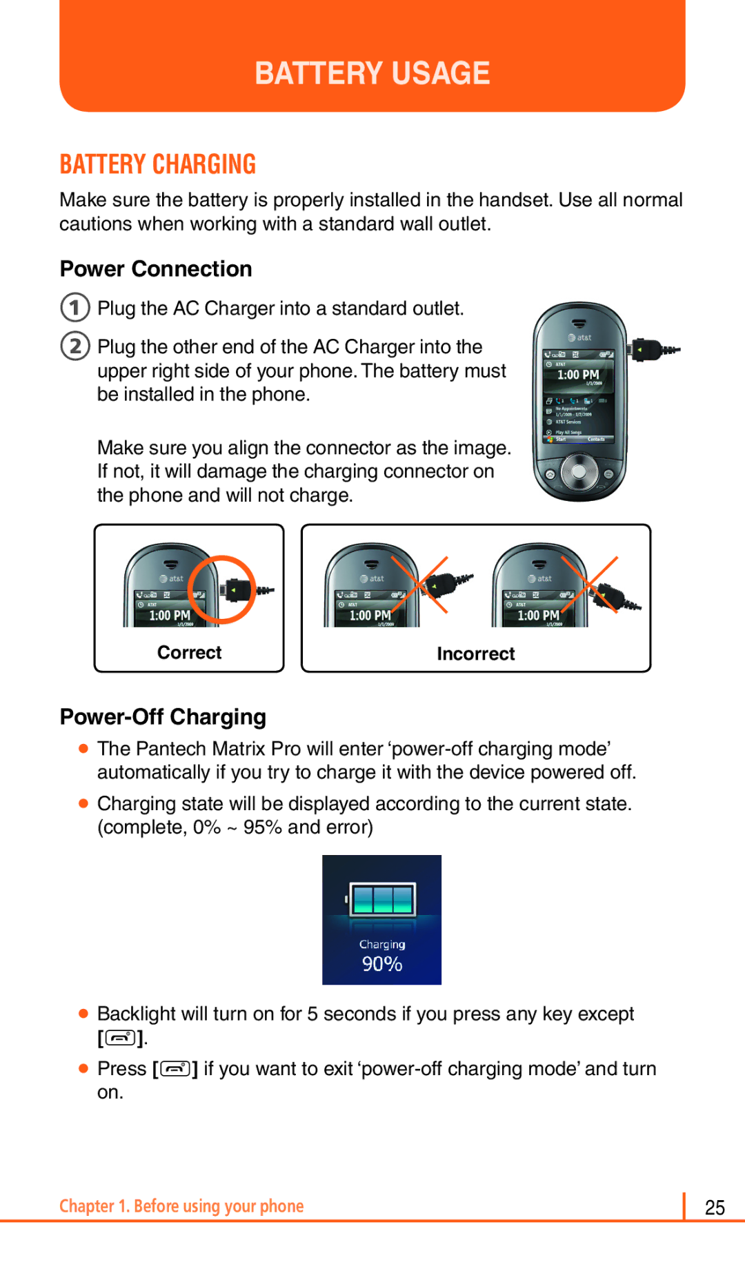 Pantech Matrix Pro manual Battery Usage, Battery Charging, Power Connection, Power-Off Charging 