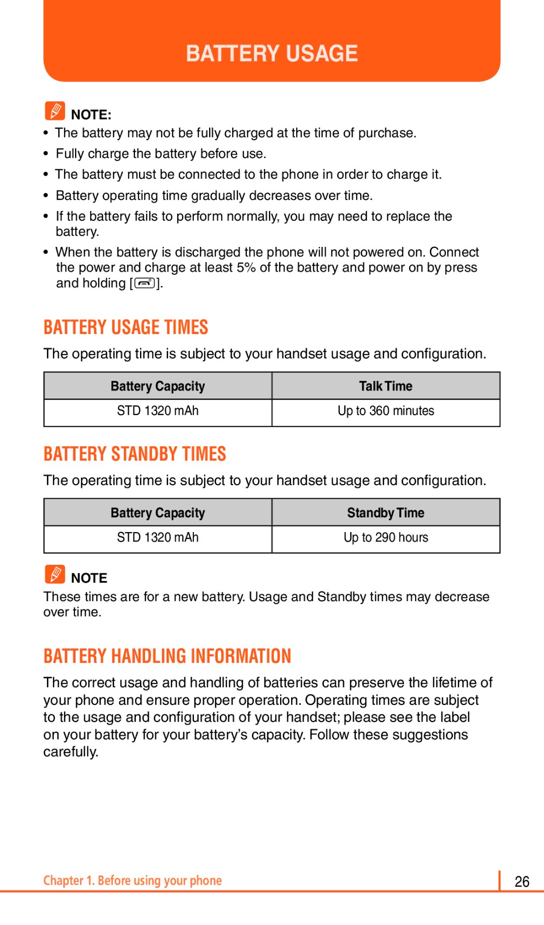 Pantech Matrix Pro manual Battery Usage Times, Battery Standby Times, Battery Handling Information 