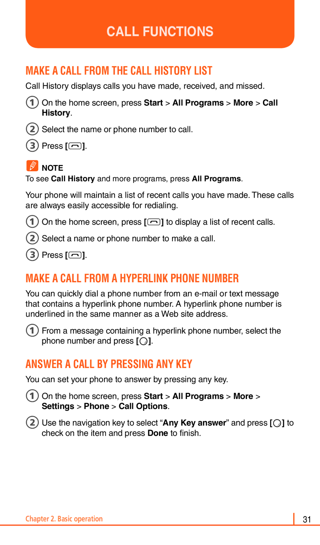 Pantech Matrix Pro manual Call Functions, Make a Call from the Call History List, Make a Call from a Hyperlink Phone Number 