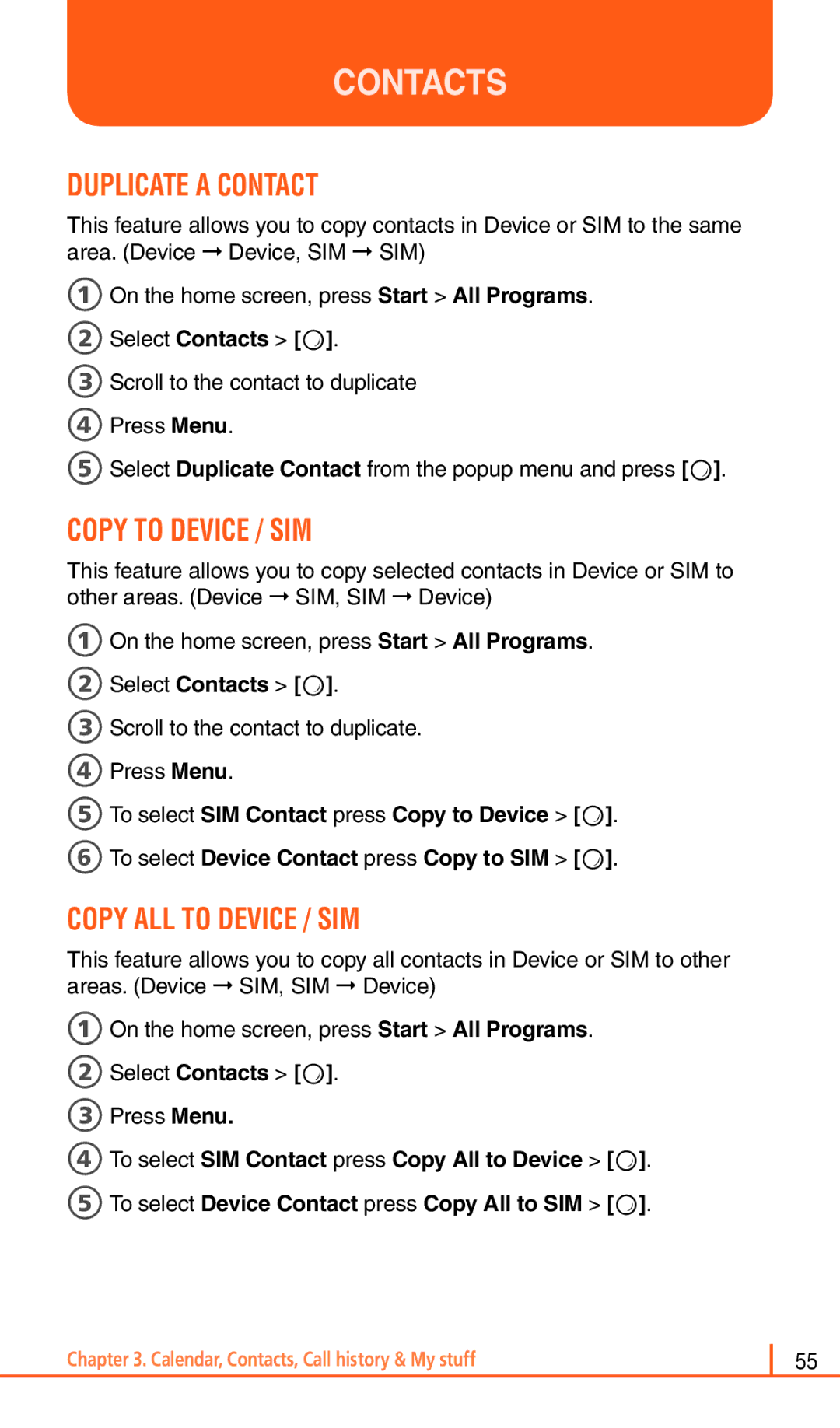 Pantech Matrix Pro manual Duplicate a Contact, Copy to Device / SIM, Copy ALL to Device / SIM 