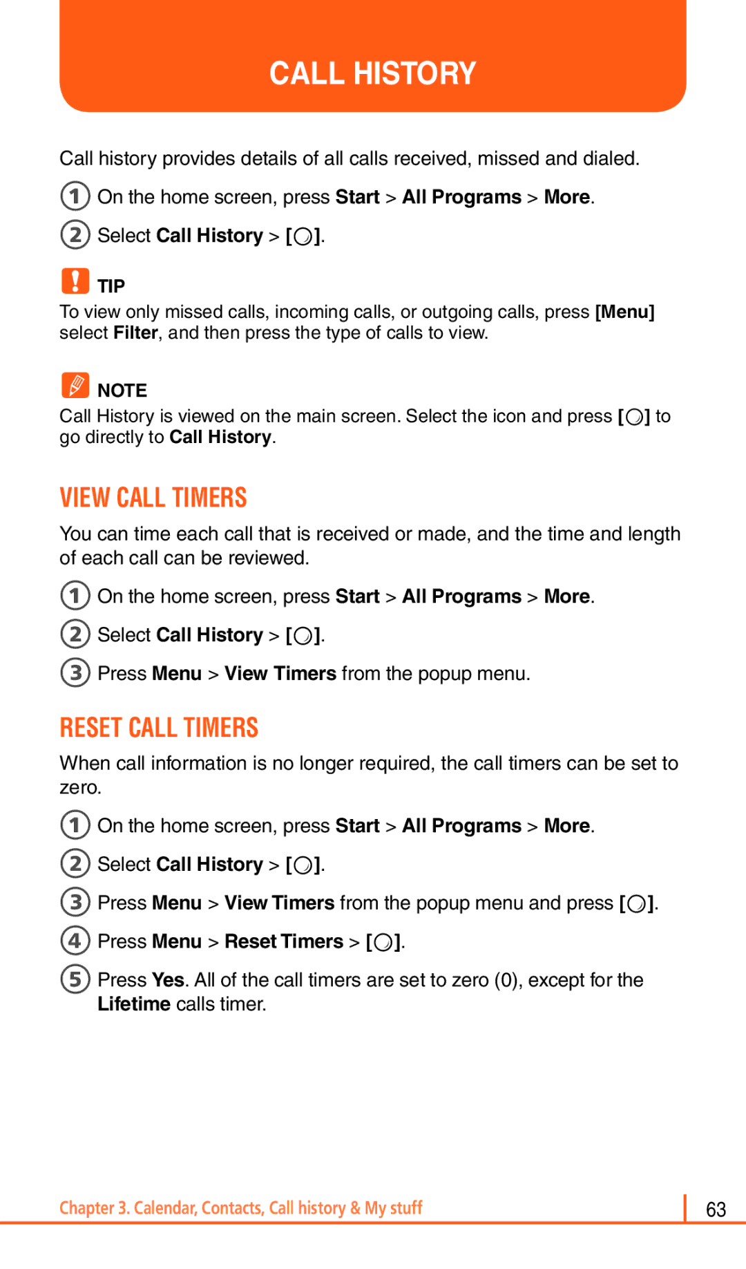 Pantech Matrix Pro manual View Call Timers, Reset Call Timers, 2Select Call History O, 4Press Menu Reset Timers O 