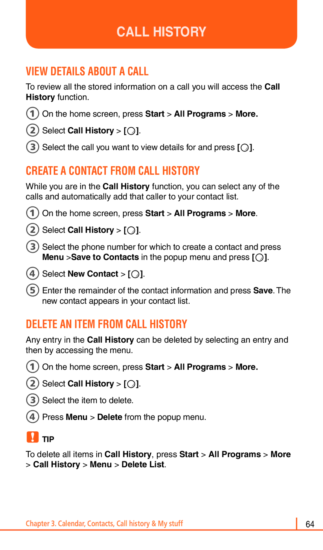 Pantech Matrix Pro View Details about a Call, Create a Contact from Call History, Delete AN Item from Call History 