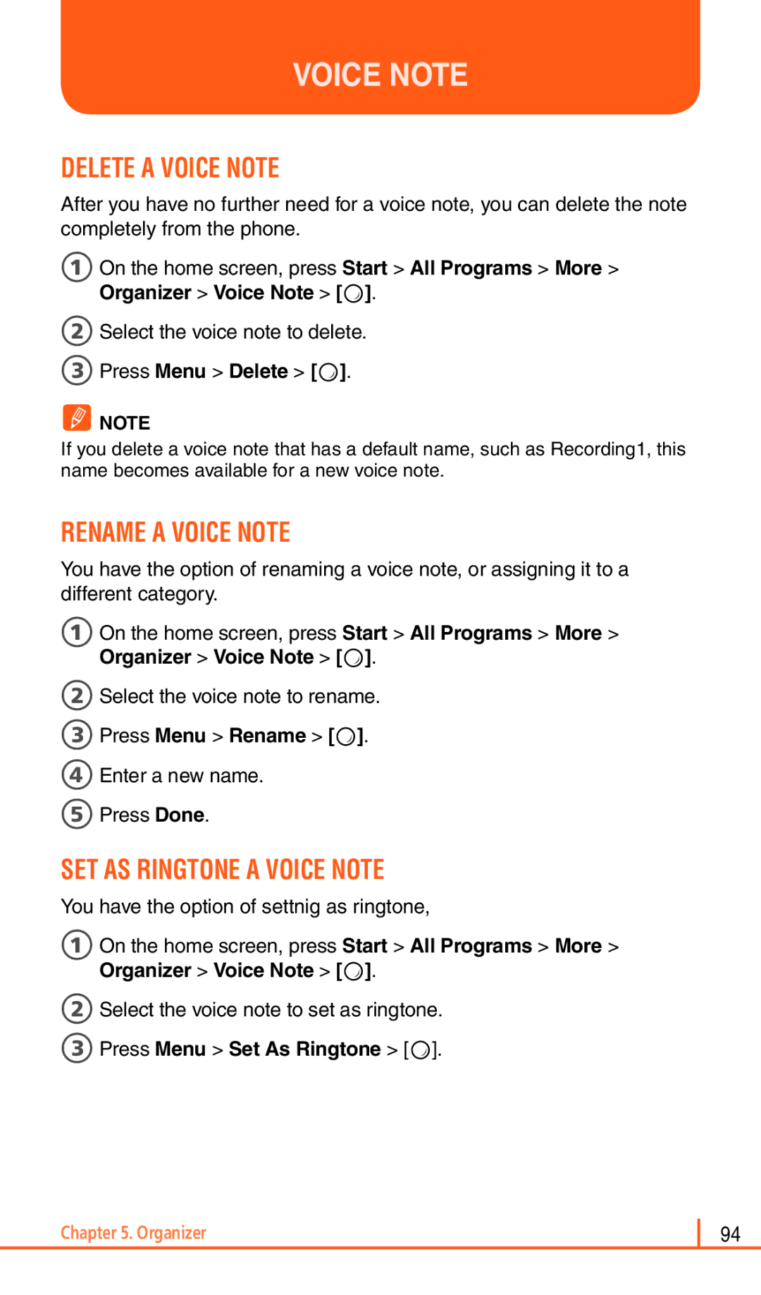 Pantech Matrix Pro manual Delete a Voice Note, Rename a Voice Note, SET AS Ringtone a Voice Note 