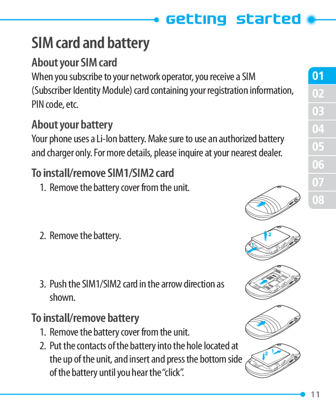 Pantech P1000 manual SIM card and battery, About your SIM card, About your battery, To install/remove SIM1/SIM2 card 