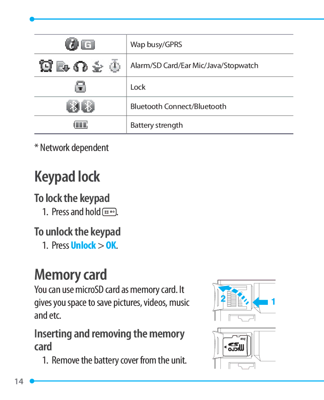 Pantech P1000 Keypad lock, Memory card, To lock the keypad, To unlock the keypad, Inserting and removing the memory card 