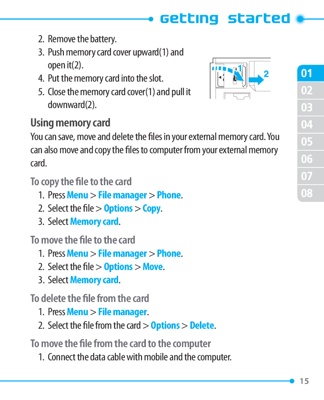 Pantech P1000 manual Using memory card, To copy the file to the card, To move the file to the card 