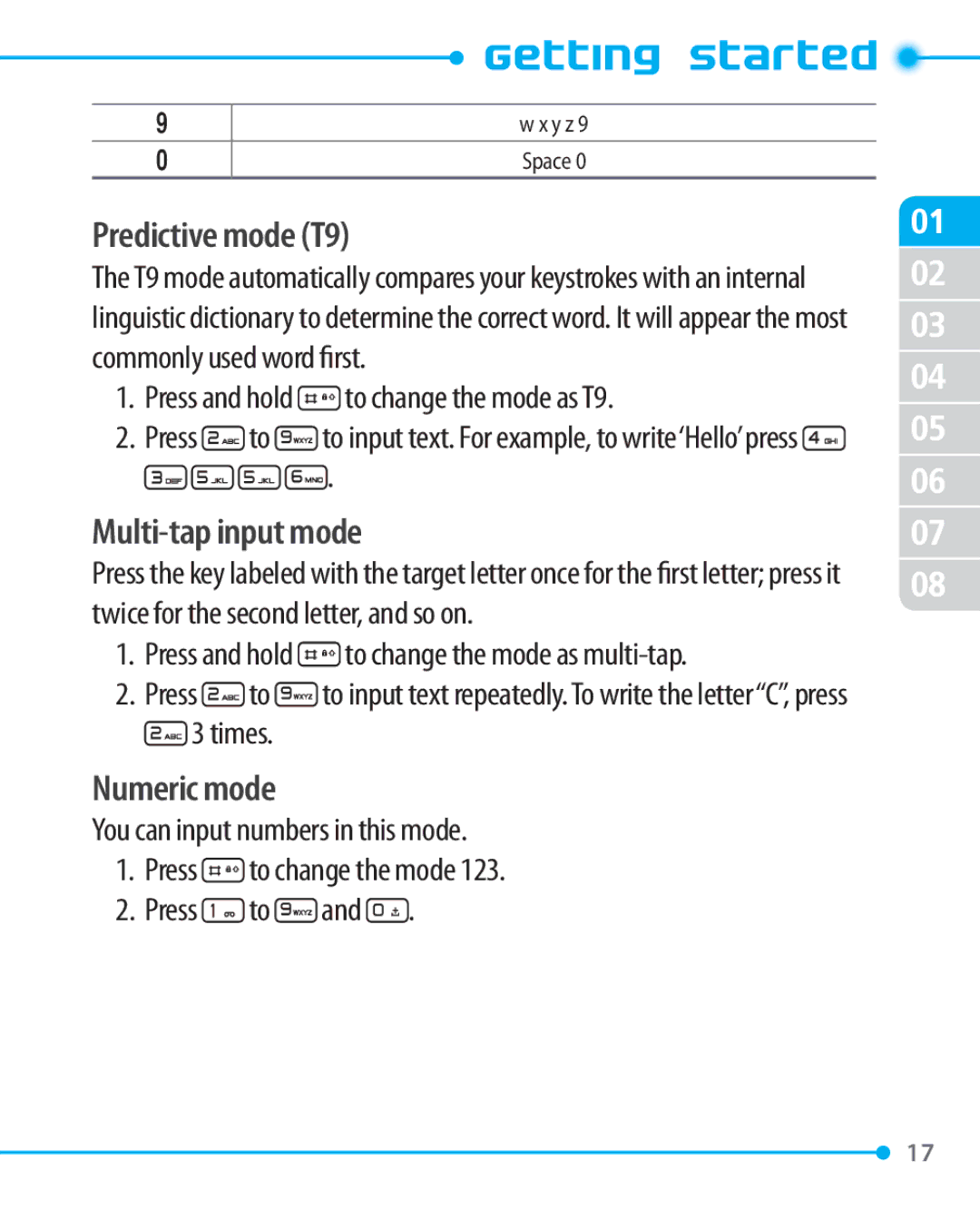 Pantech P1000 manual Predictive mode T9, Multi-tap input mode, Numeric mode 