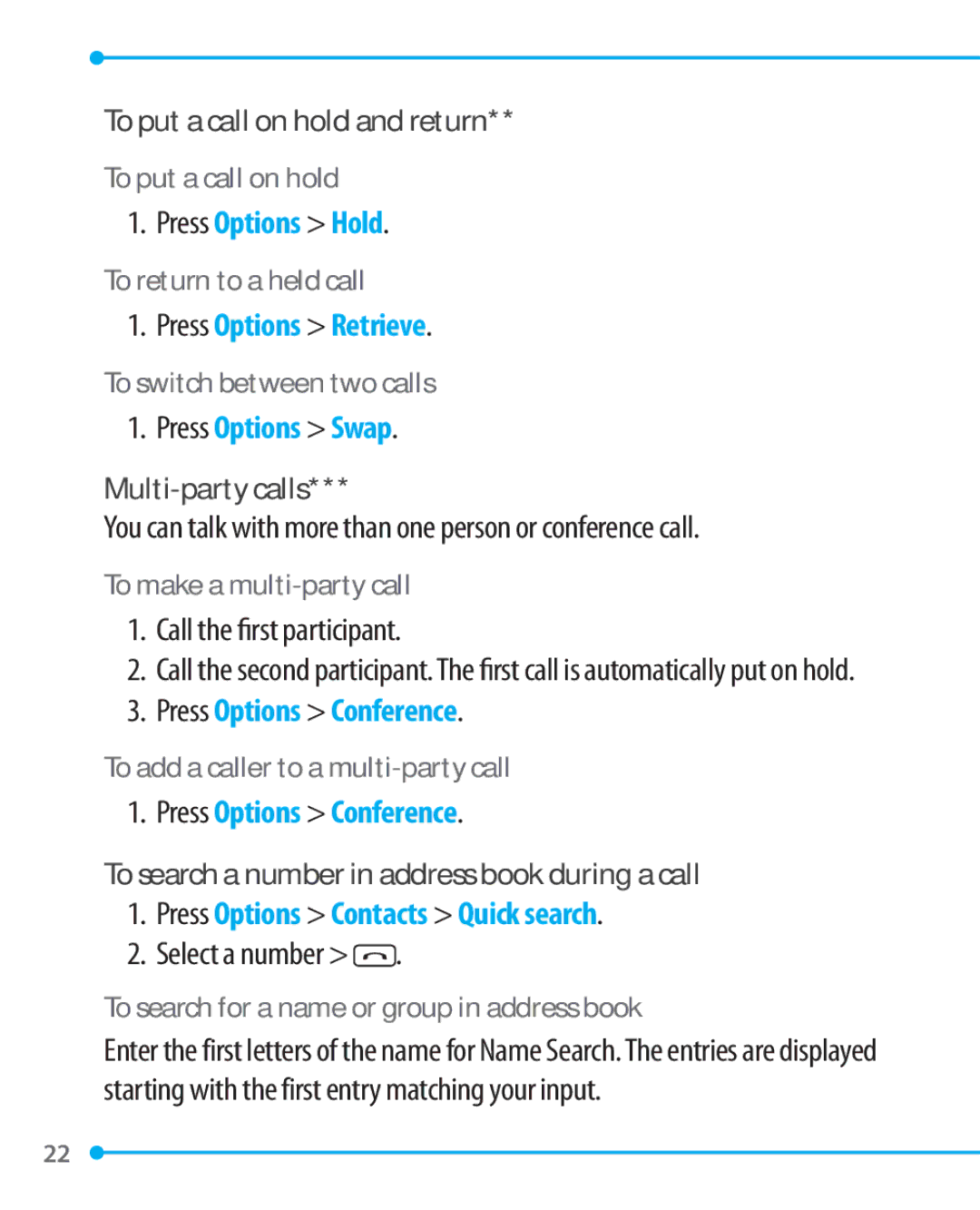 Pantech P1000 manual To put a call on hold and return, Multi-party calls, To search a number in address book during a call 