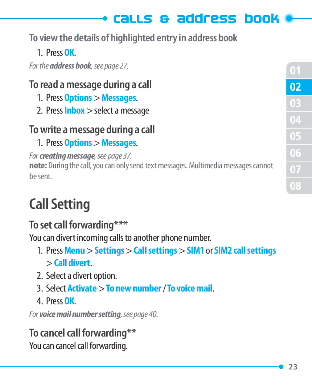 Pantech P1000 Call Setting, To read a message during a call, To write a message during a call, To set call forwarding 