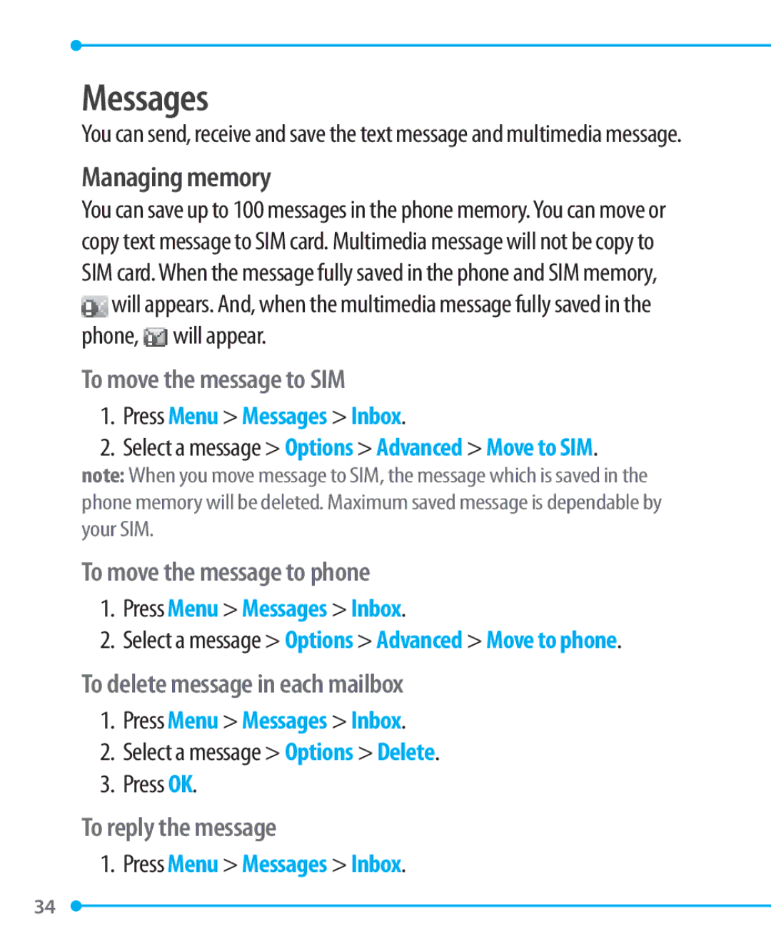 Pantech P1000 manual Messages, Managing memory 