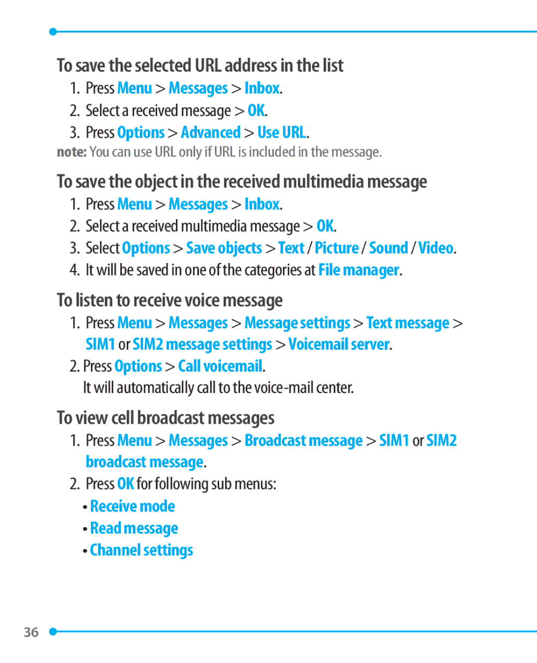 Pantech P1000 manual To save the selected URL address in the list, To listen to receive voice message 