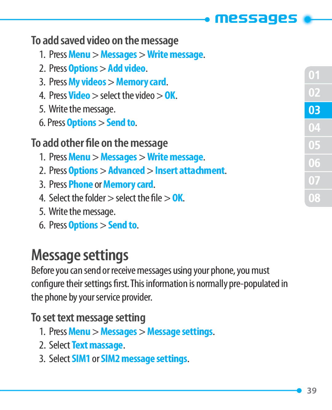 Pantech P1000 manual Message settings, To add saved video on the message, To add other file on the message 