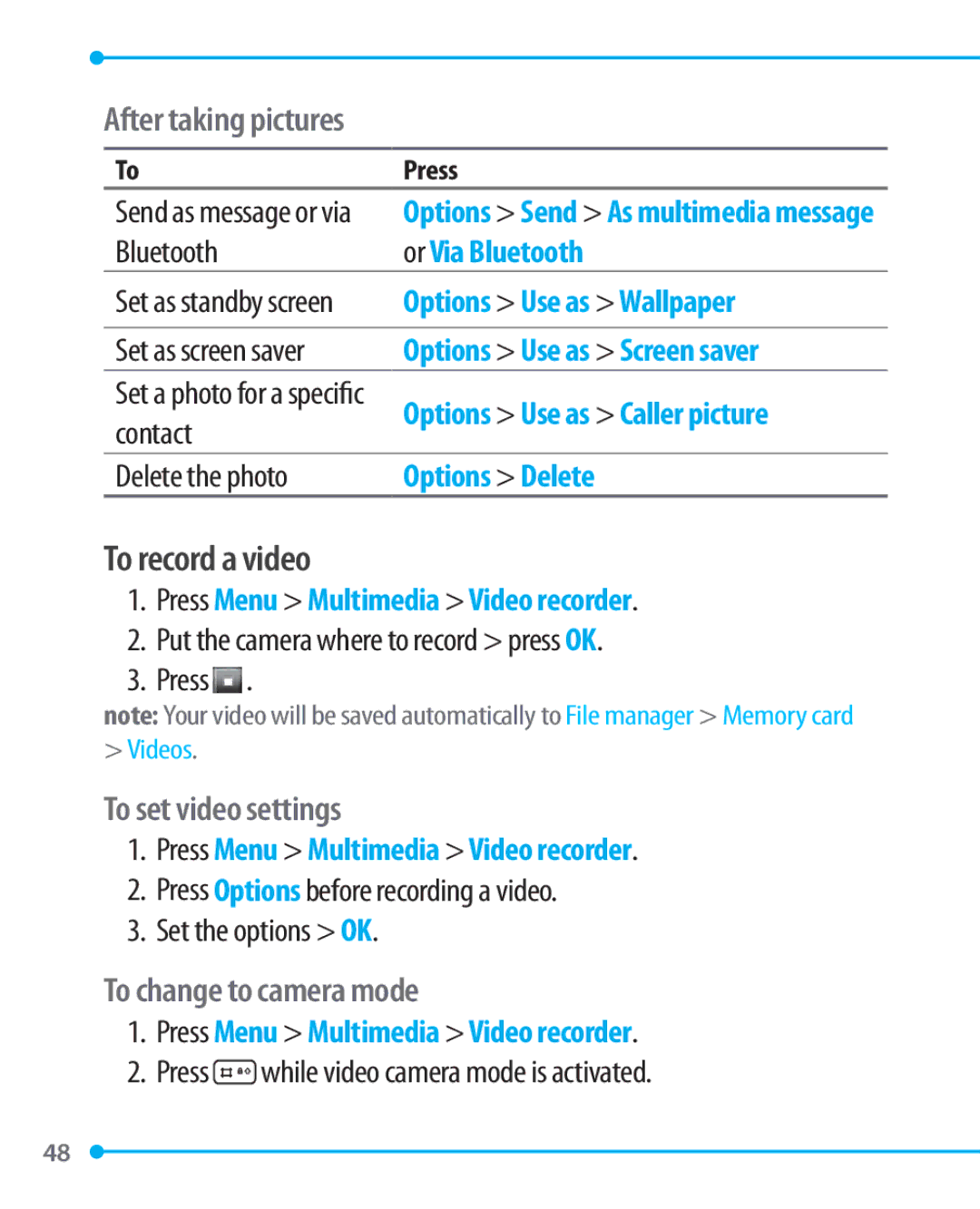 Pantech P1000 manual To record a video, After taking pictures, To set video settings, To change to camera mode 