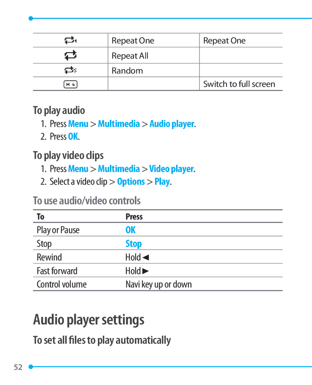 Pantech P1000 manual Audio player settings, To play audio, To play video clips, To set all files to play automatically 