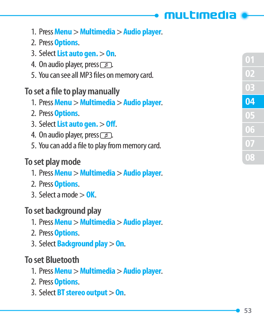 Pantech P1000 To set a file to play manually, To set play mode, To set background play, To set Bluetooth 