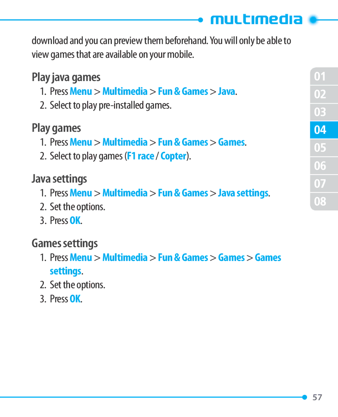 Pantech P1000 manual Play java games, Play games, Java settings, Games settings 