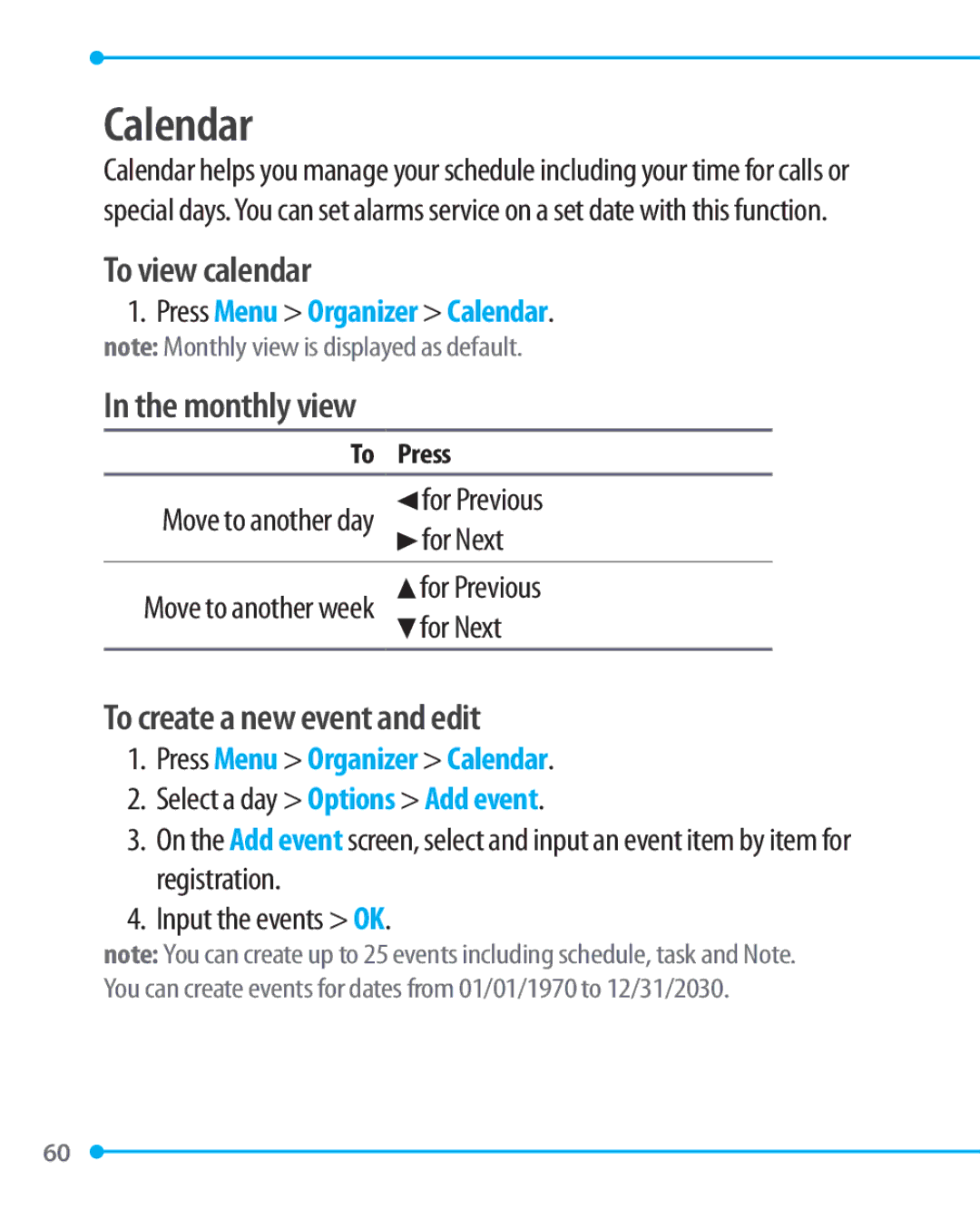 Pantech P1000 manual Calendar, To view calendar, Monthly view, To create a new event and edit 