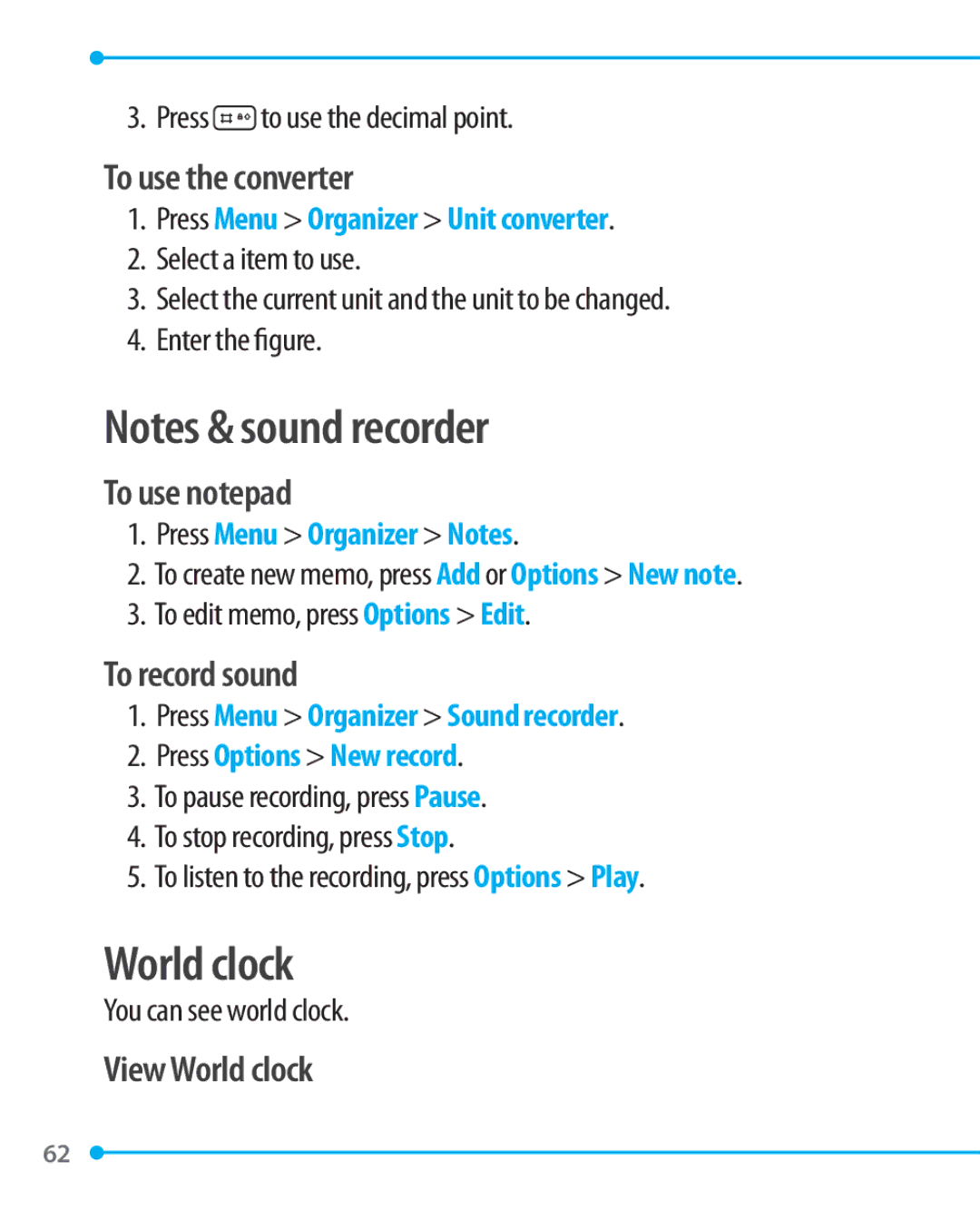 Pantech P1000 manual To use the converter, To use notepad, To record sound, View World clock 