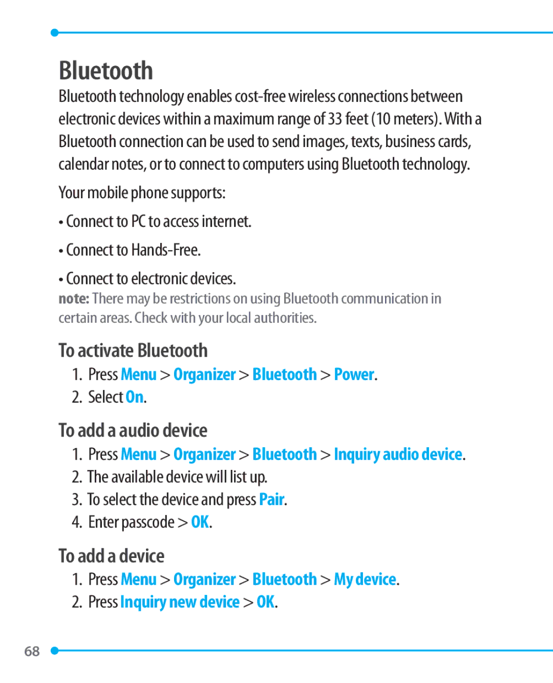 Pantech P1000 manual To activate Bluetooth, To add a audio device, To add a device 