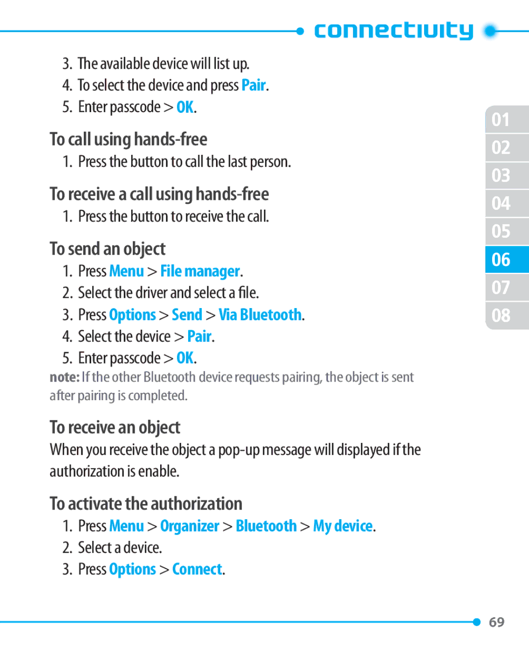 Pantech P1000 manual To call using hands-free, To receive a call using hands-free, To send an object, To receive an object 