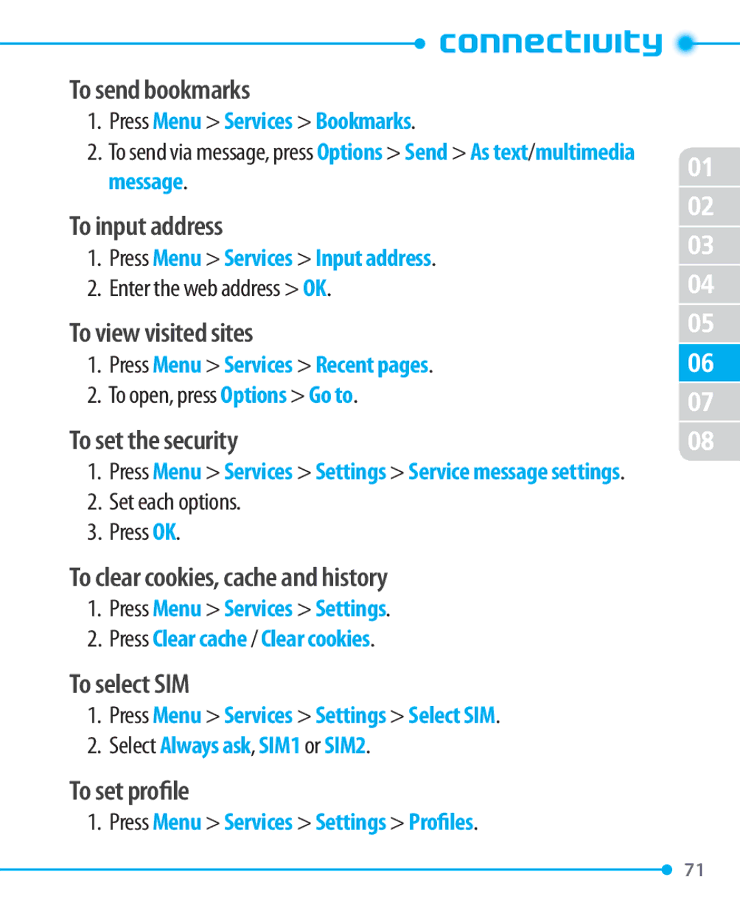 Pantech P1000 manual To send bookmarks, To input address, To view visited sites, To set the security, To select SIM 